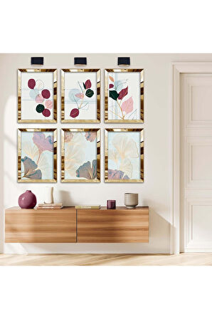 Gümüş Aynalı Pleksi Çerçeveli Natürel Desen Çiçek Altılı Mdf Tablo Seti
