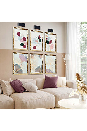 Gümüş Aynalı Pleksi Çerçeveli Natürel Desen Çiçek Altılı Mdf Tablo Seti