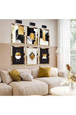 Gümüş Aynalı Pleksi Çerçeveli Geometrik Desen Altılı Mdf Tablo Seti