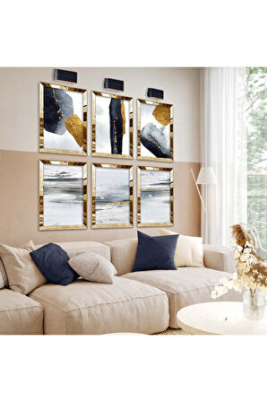 Gold Aynalı Pleksi Çerçeveli Soyut Çizim Modern Tema Altılı Mdf Tablo Seti