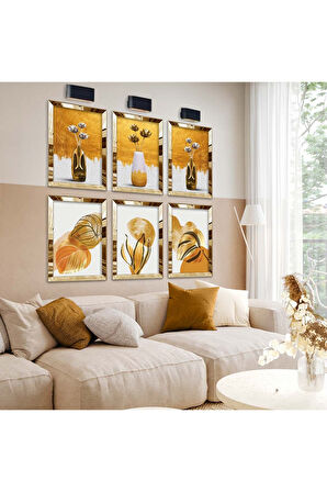 Gümüş Aynalı Pleksi Çerçeveli Vazodaki Çiçekler Ve Yaprak Desen Altılı Mdf Tablo Seti