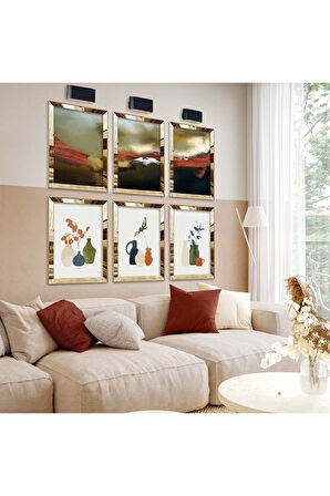 Gümüş Aynalı Pleksi Çerçeveli Vazodaki Çiçekler Ve Soyut Tema Altılı Mdf Tablo Seti