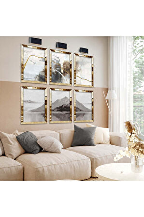 Gümüş Aynalı Pleksi Çerçeveli Dağ Figür Ve Soyut Tema Altılı Mdf Tablo Seti
