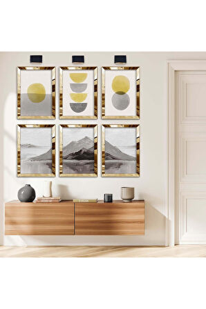 Gümüş Aynalı Pleksi Çerçeveli Geometrik Çizim Ve Dağ Figür Altılı Mdf Tablo Seti