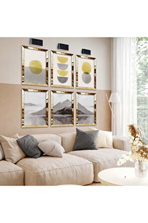 Gümüş Aynalı Pleksi Çerçeveli Geometrik Çizim Ve Dağ Figür Altılı Mdf Tablo Seti
