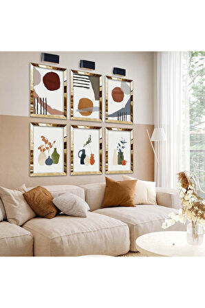 Gümüş Aynalı Pleksi Çerçeveli Vazodaki Çiçekler Ve Kolaj Çizim Altılı Mdf Tablo Seti