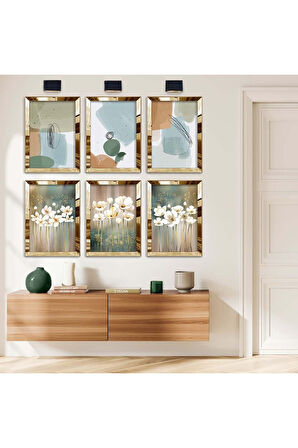 Gümüş Aynalı Pleksi Çerçeveli Beyaz Çiçekler Ve Kolaj Çizim Altılı Mdf Tablo Seti