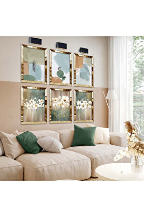 Gümüş Aynalı Pleksi Çerçeveli Beyaz Çiçekler Ve Kolaj Çizim Altılı Mdf Tablo Seti