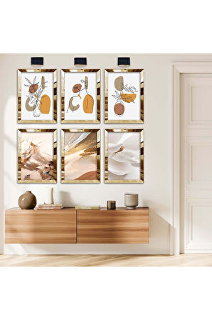 Gümüş Aynalı Pleksi Çerçeveli Modern Çizim Soyut Tema Altılı Mdf Tablo Seti