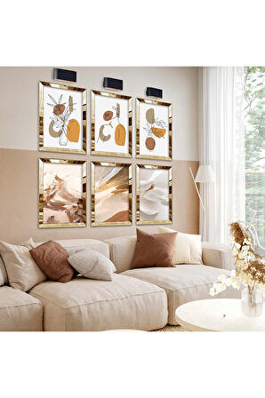 Gümüş Aynalı Pleksi Çerçeveli Modern Çizim Soyut Tema Altılı Mdf Tablo Seti