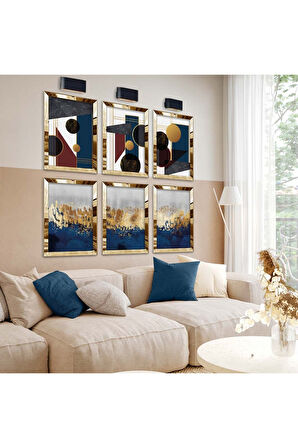 Gold Aynalı Pleksi Çerçeveli Geometrik Çizim Soyut Tema Altılı Mdf Tablo Seti