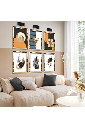 Gold Aynalı Pleksi Çerçeveli Geometrik Çizim Ve Soyut Tema Altılı Mdf Tablo Seti
