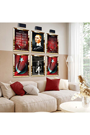 Gold Aynalı Pleksi Çerçeveli Istiklal Marşı Ve Gençliğe Hitabe Altılı Mdf Tablo Seti