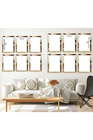 Gold Aynalı Pleksi Çerçeveli Modern Tema Ve Geometrik Çizim Altılı Mdf Tablo Seti