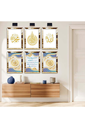 Gümüş Aynalı Pleksi Çerçeveli Nazar Ayeti Ve Dini Model Altılı Mdf Tablo Seti