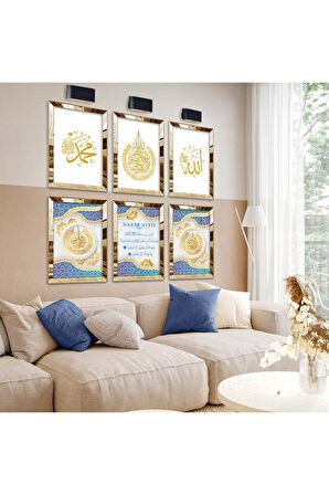 Gümüş Aynalı Pleksi Çerçeveli Nazar Ayeti Ve Dini Model Altılı Mdf Tablo Seti