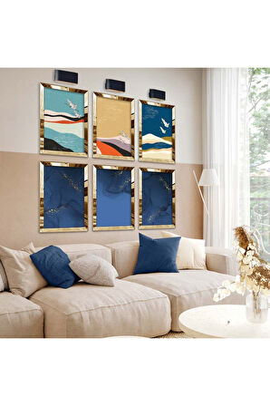 Gümüş Aynalı Pleksi Çerçeveli Kuş Figür Soyut Tema Altılı Mdf Tablo Seti