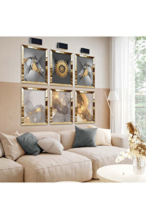 Gümüş Aynalı Pleksi Çerçeveli Modern Çizim At Figür Altılı Mdf Tablo Seti