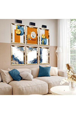 Gold Aynalı Pleksi Çerçeveli Modern Çizim Soyut Tema Altılı Mdf Tablo Seti