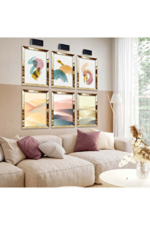 Gold Aynalı Pleksi Çerçeveli Soyut Çizim Modern Tema Altılı Mdf Tablo Seti