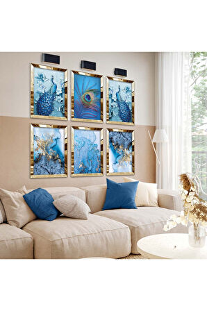 Gold Aynalı Pleksi Çerçeveli Tavus Kuşu Ve Mavi Tema Altılı Mdf Tablo Seti