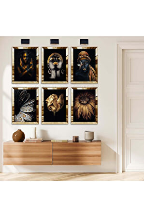 Gümüş Aynalı Pleksi Çerçeveli Afrika Kadın Altılı Mdf Tablo Seti
