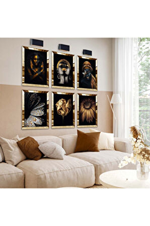 Gümüş Aynalı Pleksi Çerçeveli Afrika Kadın Altılı Mdf Tablo Seti