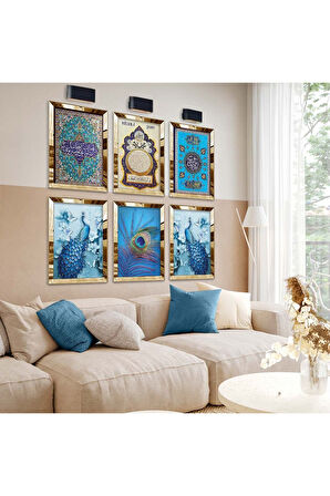 Gold Aynalı Pleksi Çerçeveli Hilye-i Şerif Ve Dini Model Altılı Mdf Tablo Seti