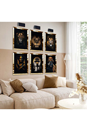 Gold Aynalı Pleksi Çerçeveli Afrikalı Kadın Ve Aslan Altılı Mdf Tablo Seti