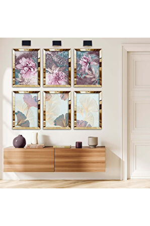 Gümüş Aynalı Pleksi Çerçeveli Modern Çizim Çiçek Desen Altılı Mdf Tablo Seti