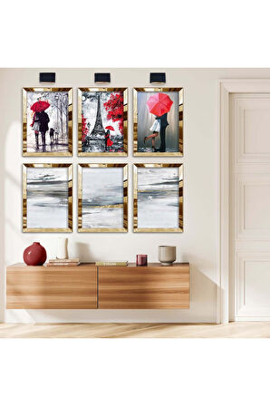 Gümüş Aynalı Pleksi Çerçeveli Eyfel Kulesi Ve Aşk Altılı Mdf Tablo Seti