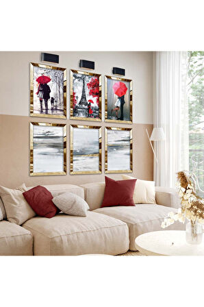 Gümüş Aynalı Pleksi Çerçeveli Eyfel Kulesi Ve Aşk Altılı Mdf Tablo Seti