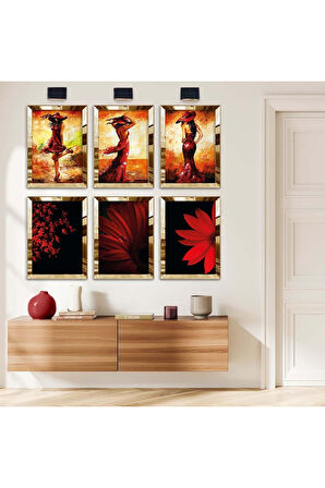 Gümüş Aynalı Pleksi Çerçeveli Kadın Dans Figür Ve Kırmızı Çiçek Altılı Mdf Tablo Seti