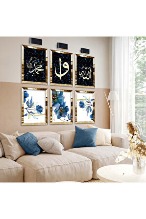 Gold Aynalı Pleksi Çerçeveli Allah Lafzı Ve Mavi Çiçek Altılı Mdf Tablo Seti