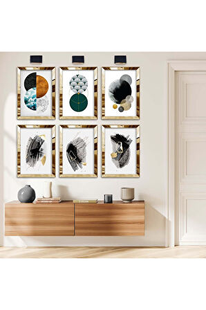 Gümüş Aynalı Pleksi Çerçeveli Geometrik Çizim Ve Soyut Tema Altılı Mdf Tablo Seti