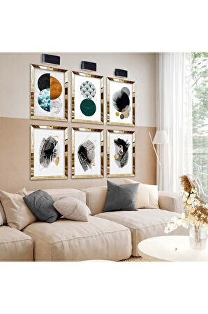 Gümüş Aynalı Pleksi Çerçeveli Geometrik Çizim Ve Soyut Tema Altılı Mdf Tablo Seti