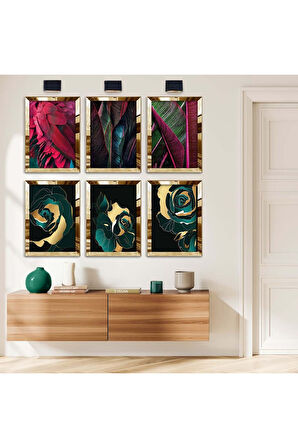 Gümüş Aynalı Pleksi Çerçeveli Gül Ve Yaprak Tema Altılı Mdf Tablo Seti