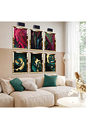 Gümüş Aynalı Pleksi Çerçeveli Gül Ve Yaprak Tema Altılı Mdf Tablo Seti