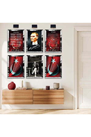 Gold Aynalı Pleksi Çerçeveli Istiklal Marşı Ve Gençliğe Hitabe Altılı Mdf Tablo Seti