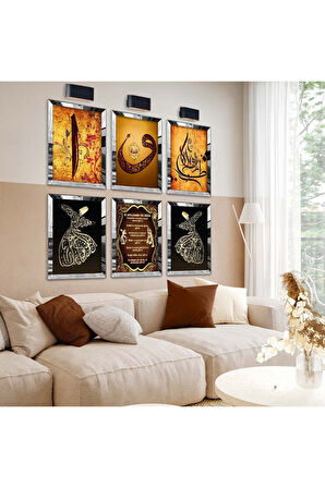Gold Aynalı Pleksi Çerçeveli Mevlana Ve Semazen Altılı Mdf Tablo Seti