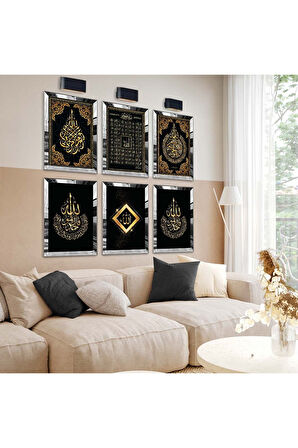 Gold Aynalı Pleksi Çerçeveli Esmaül Hüsna Dini Model Altılı Mdf Tablo Seti