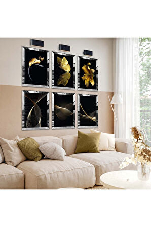 Gümüş Aynalı Pleksi Çerçeveli Altın Kelebek Siyah Tema Altılı Mdf Tablo Seti