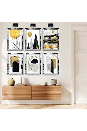 Gold Aynalı Pleksi Çerçeveli Kolaj Çizim Altılı Mdf Tablo Seti