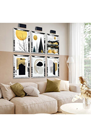 Gold Aynalı Pleksi Çerçeveli Kolaj Çizim Altılı Mdf Tablo Seti
