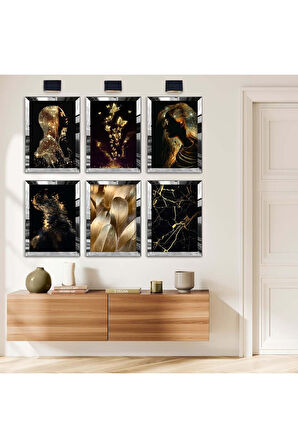 Gold Aynalı Pleksi Çerçeveli Gold Kelebek Ve Kız Altılı Mdf Tablo Seti