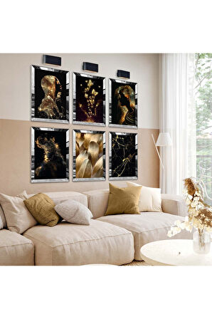 Gold Aynalı Pleksi Çerçeveli Gold Kelebek Ve Kız Altılı Mdf Tablo Seti