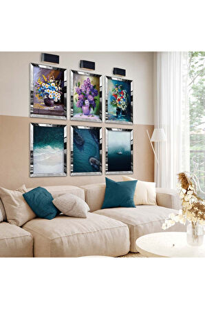 Gold Aynalı Pleksi Çerçeveli Vazoda Çiçek Altılı Mdf Tablo Seti