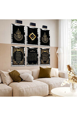 Gold Aynalı Pleksi Çerçeveli Fatiha Suresi Ve Ayetel Kürsi Dini Model Altılı Mdf Tablo Seti