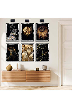 Gümüş Aynalı Pleksi Çerçeveli Gold Detay Çiçek Altılı Mdf Tablo Seti