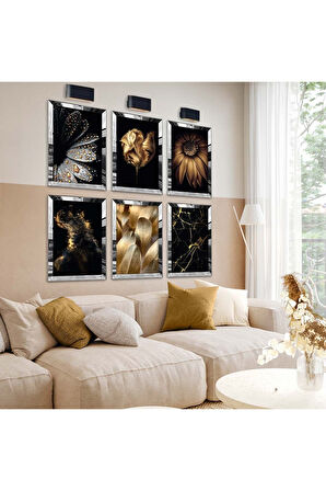 Gümüş Aynalı Pleksi Çerçeveli Gold Detay Çiçek Altılı Mdf Tablo Seti